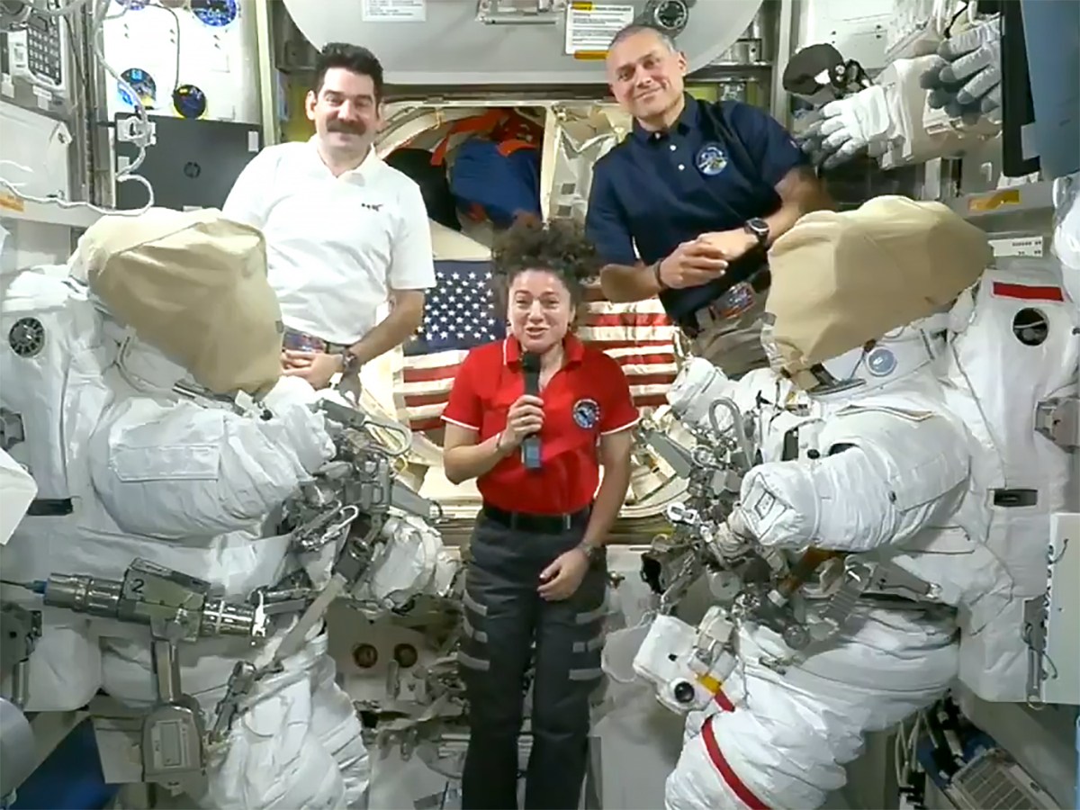 NASA astronauts and Expedition 75 crewmates (clockwise from bottom) Jessica Meir, Jack Hathaway, and Anil Menon speak with U.S. President Trump who visited NASA's Johnson Space Center on Aug. 28, 2026.