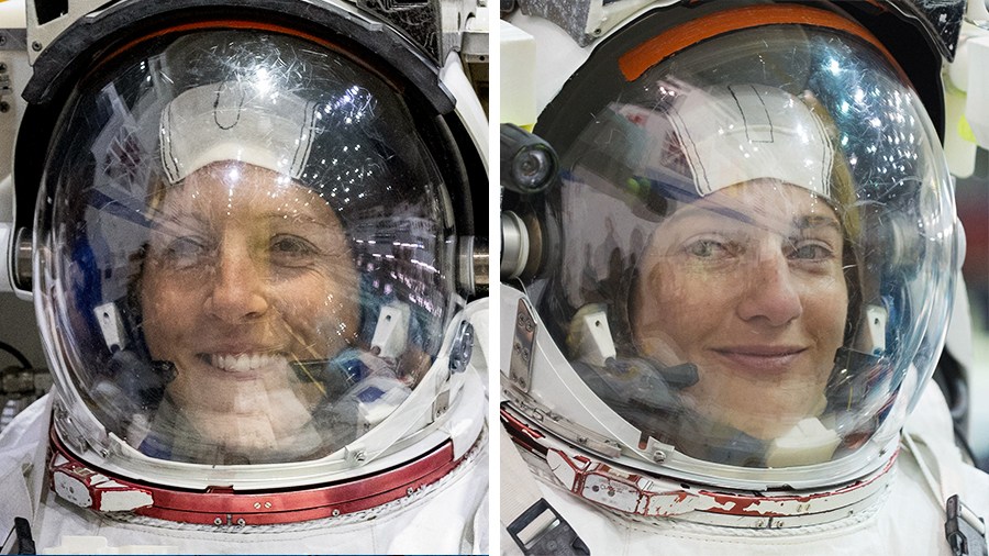 Astronauts Sophie Adenot of ESA and Jessica Meir of NASA are pictured training for a spacewalk at the Johnson Space Center’s Neutral Buoyancy Laboratory in Houston, Texas.