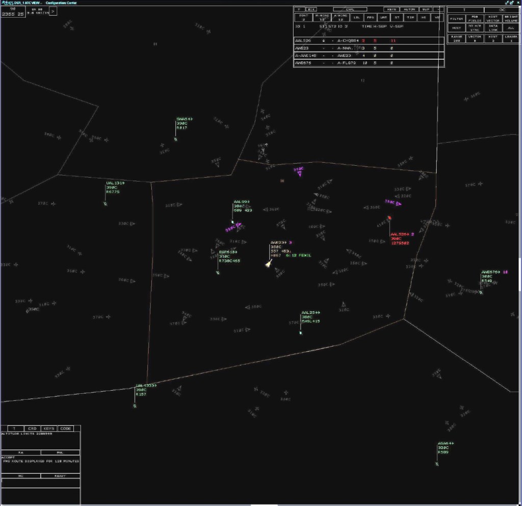 Controller display with equipped (dim limited datablock) and unequipped (colored full datablock) aircraft in mixed separation-assurance airspace