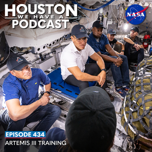 Houston We Have a Podcast Episode 434: Artemis III Training The crew of Artemis III sits inside a mockup of the Orion capsule interior.