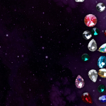 Various gemstones on a purple galaxy background.