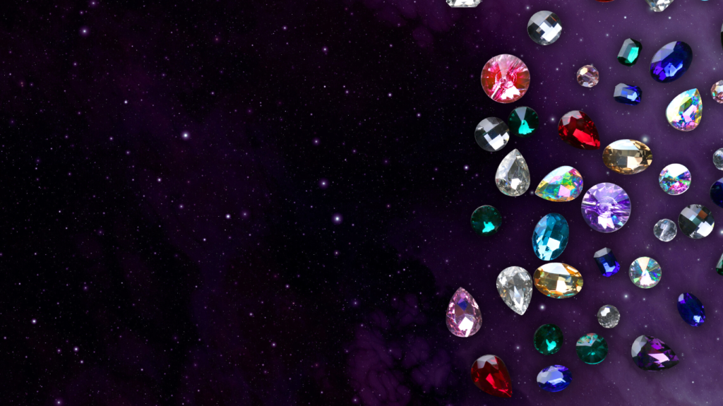Various gemstones on a purple galaxy background.