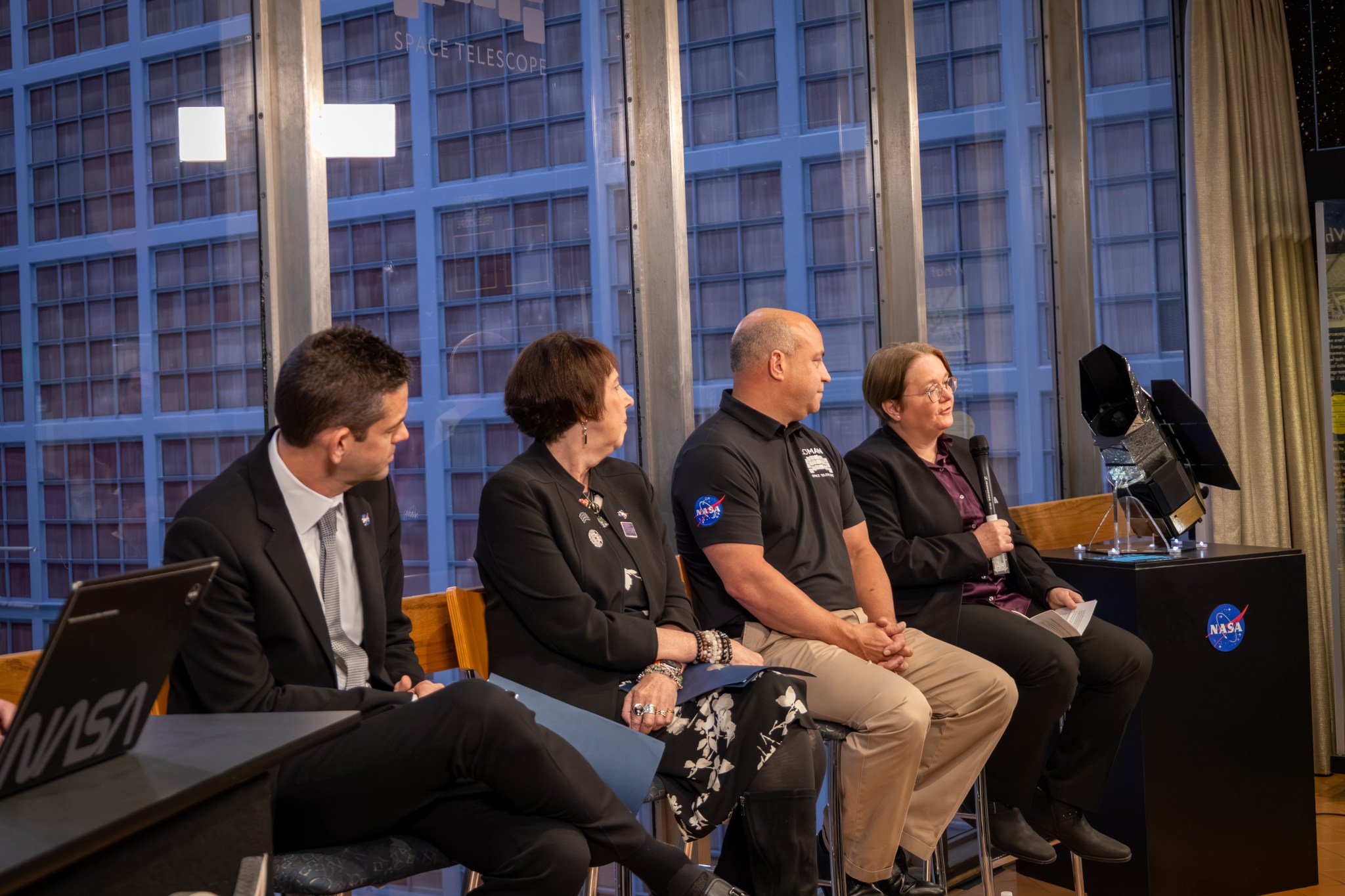 A panel featuring Julie McEnery, Jared Isaacman, Nicky Fox, and Jamie Dunn