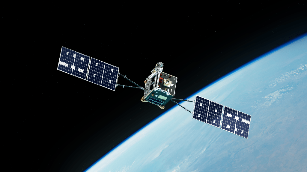 a smallsat with two sets of solar arrays in low-Earth orbit