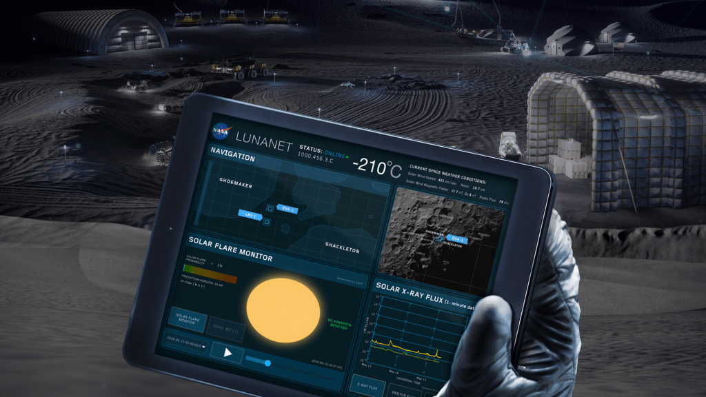 Graphic featuring LunaNet device. In the background, astronauts on the Moon work near a lunar base structure.