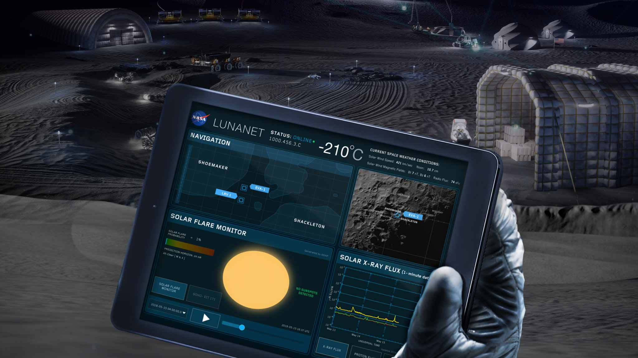 Graphic featuring LunaNet device. In the background, astronauts on the Moon work near a lunar base structure.