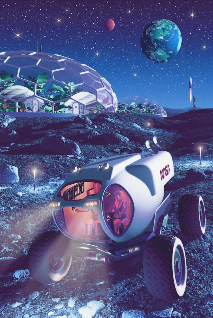 This illustration of Moon to Mars transportation and habitation shows astronauts driving a pressurized rover away from the dome of a translucent lunar habitat. NASA’s Moon to Mars Objectives establish an objectives-based approach to the agency's human deep space exploration efforts; NASA’s Moon to Mars Architecture approach distills the objectives into operational capabilities and elements.