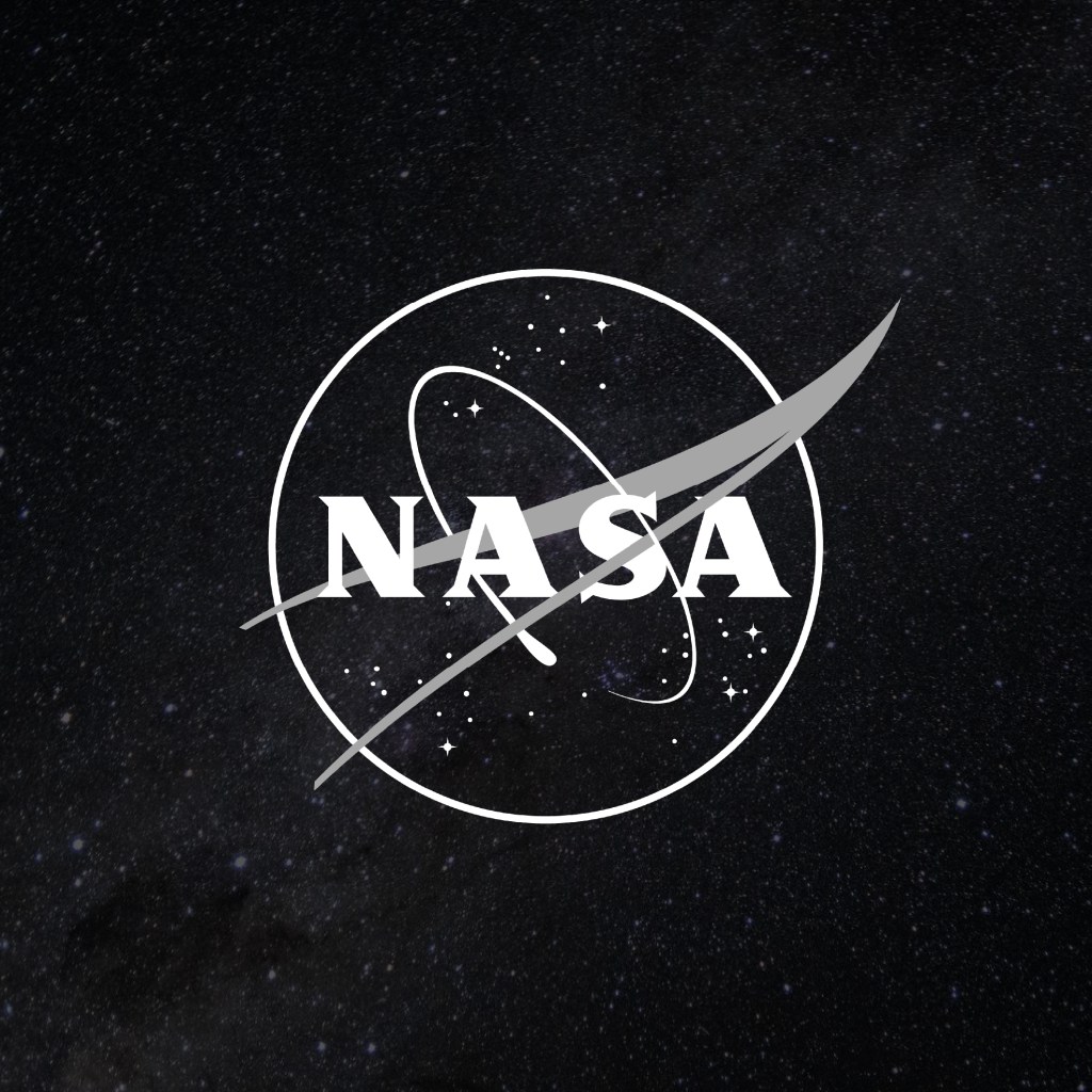 White NASA logo on a background of stars