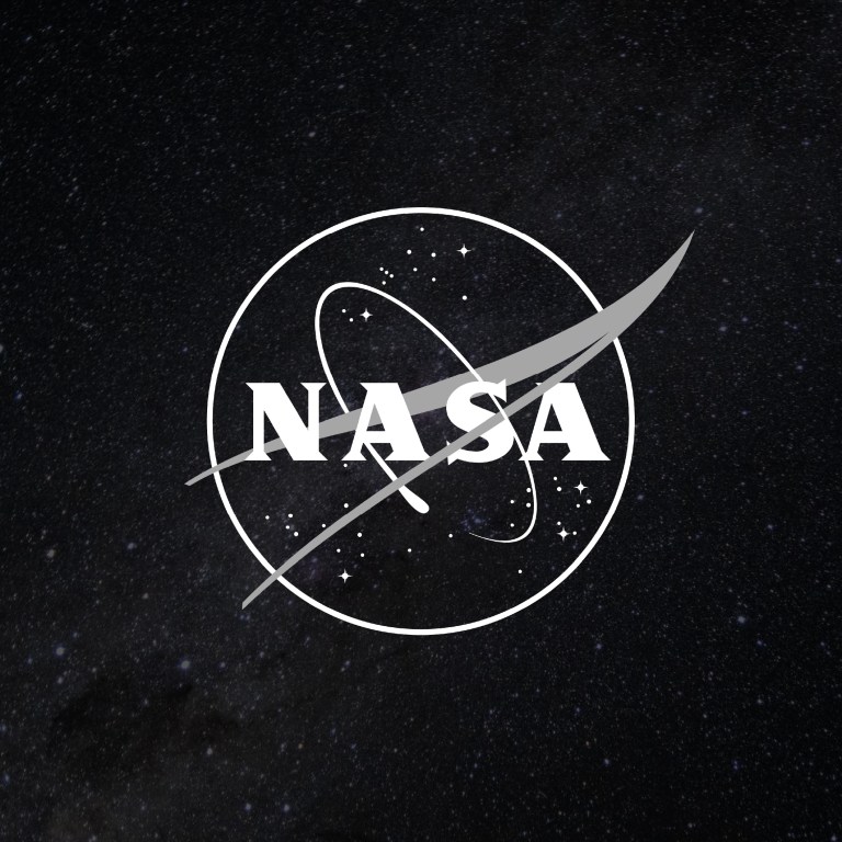 White NASA logo on a background of stars