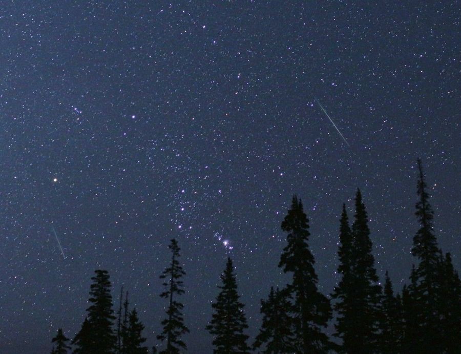 The constellation Orion is framed by two Perseid meteors on Aug. 12, 2018, in Cedar Breaks National Monument, Utah.