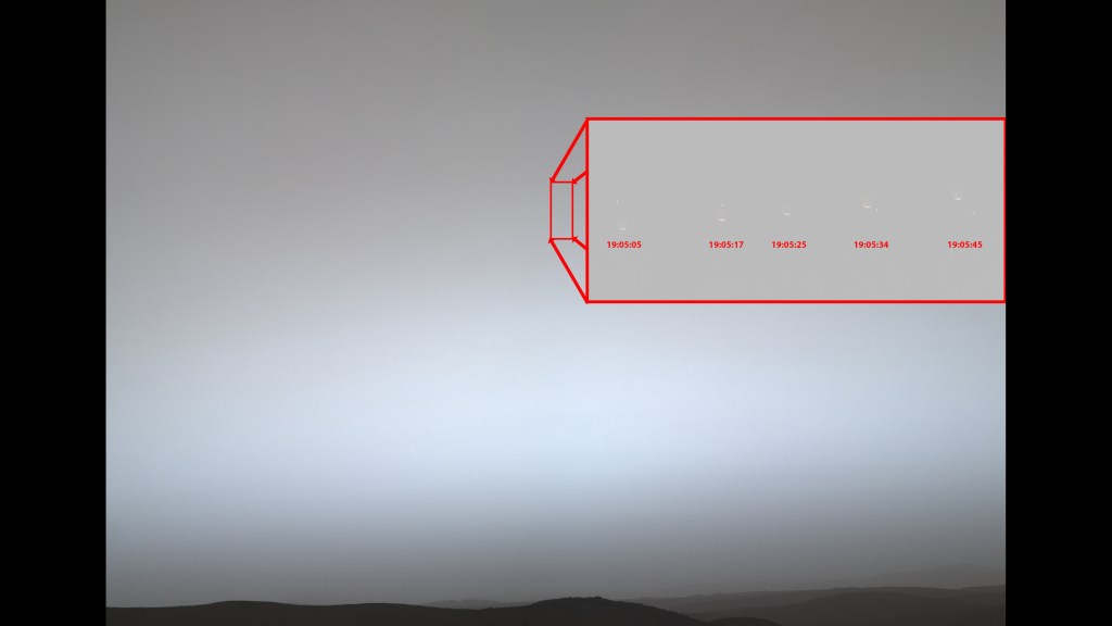 A dark horizon under a hazy gray-blue sky. A red-outlined rectangular inset, connected by lines to a smaller rectangle, shows five faint crescent shapes with a bright dot moving downward. Timecodes beneath each crescent indicate a span of 40 seconds.