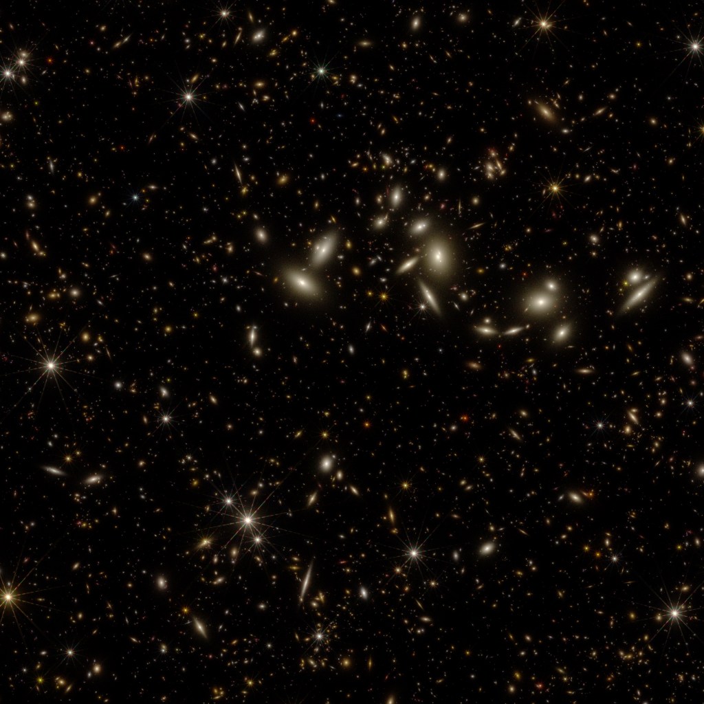 Frame sequence of single Roman detector. The video sparkles with synthetic supernovae from observations of the OpenUniverse simulated universe taken every five days (similar to the expected cadence of Roman’s High-Latitude Time-Domain Survey, which OpenUniverse simulates in its entirety). To highlight the dynamic physics happening and for visibility at this scale, the true brightness of each transient event has been magnified by a factor of 10,000 and no background light has been added to the simulated images.