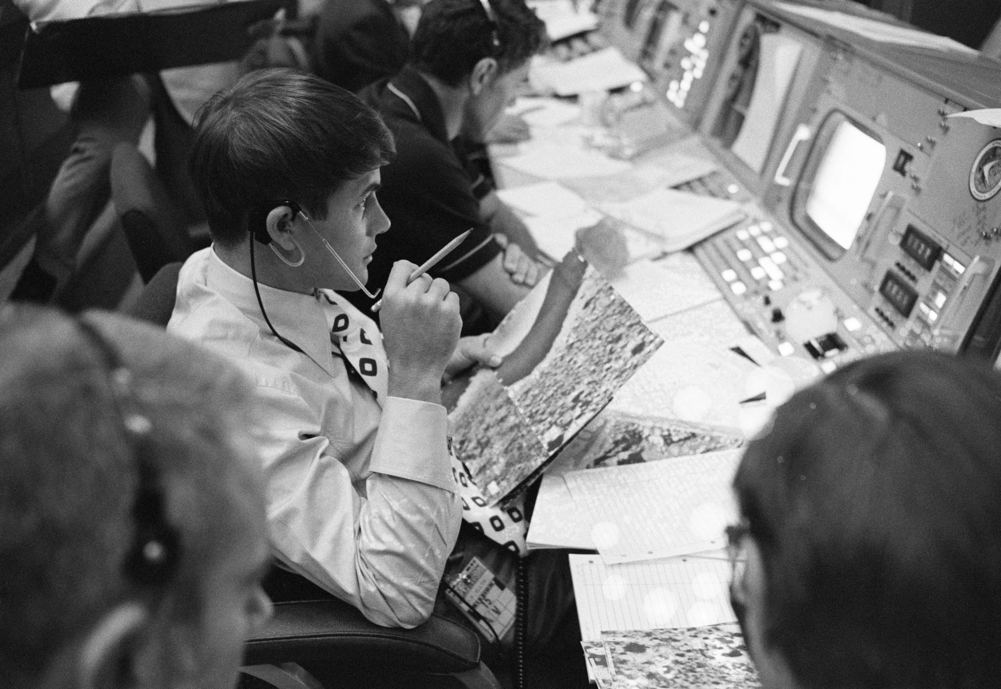 Capcom Joseph P. Allen at his console in the Mission Operations Control Room (MOCR) during the Apollo 15 Lunar Landing Mission. MSC, Houston, TX