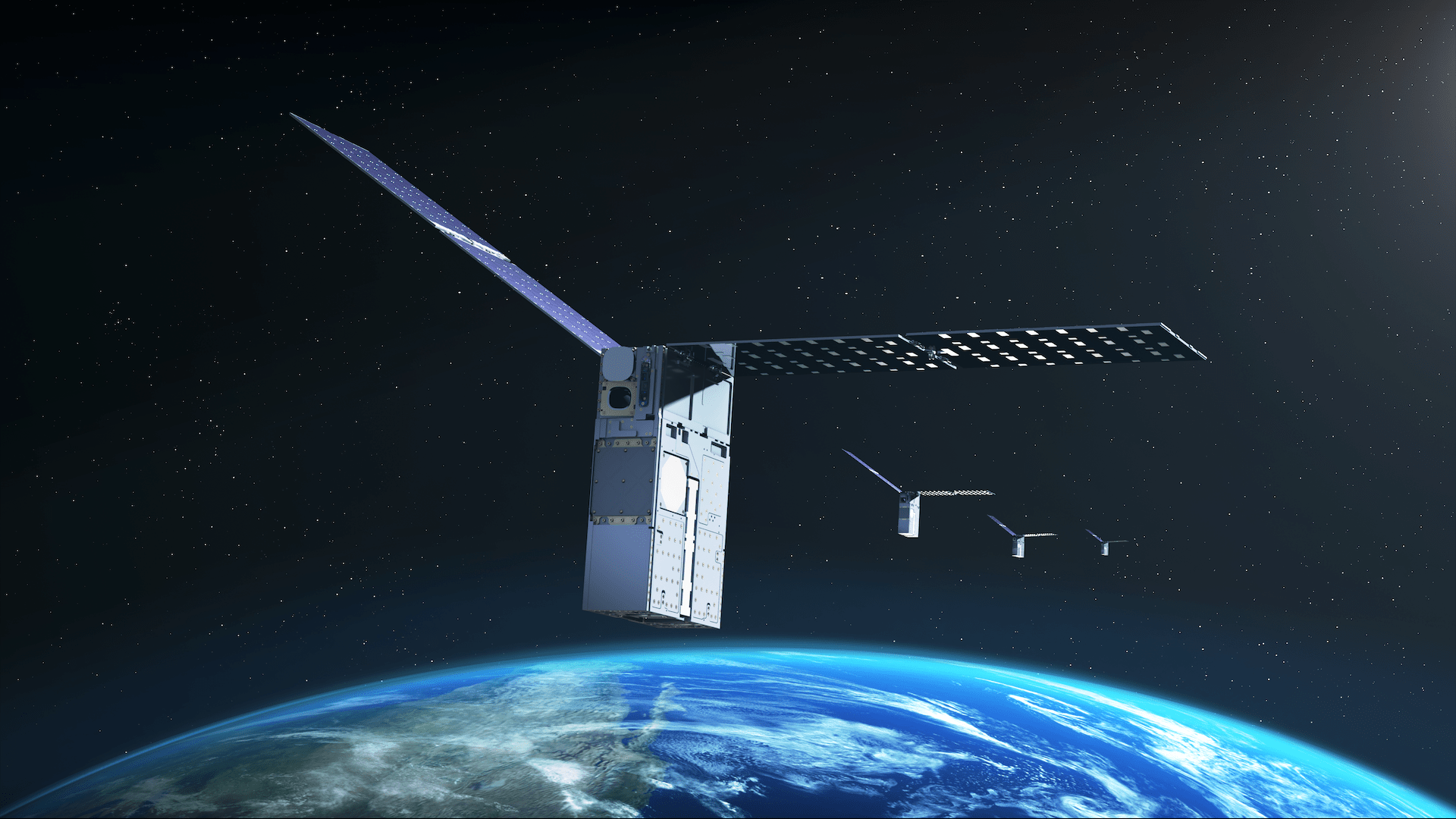 Illustrated image of four satellites orbiting Earth.