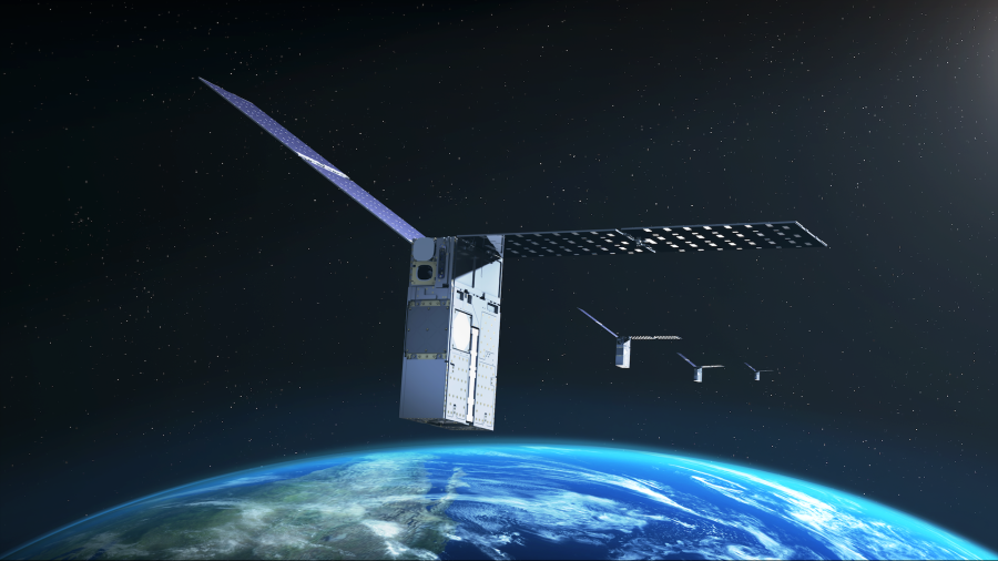 Illustrated image of four Starling satellites orbiting Earth.