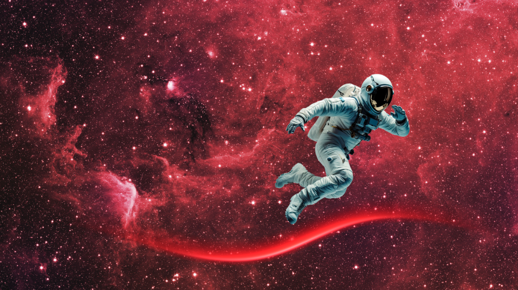 A suited astronaut on a red galaxy background.