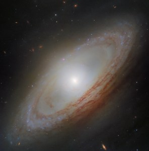 A spiral galaxy viewed at an angle, with a bright central bulge and winding spiral arms. The arms form a ring around the galaxy, without appearing to reach its center. Prominent red-brown dust lanes weave through the arms, which are also dotted with bright blue and reddish regions of star formation. The galaxy is set against a dark background scattered with stars and faint distant galaxies.