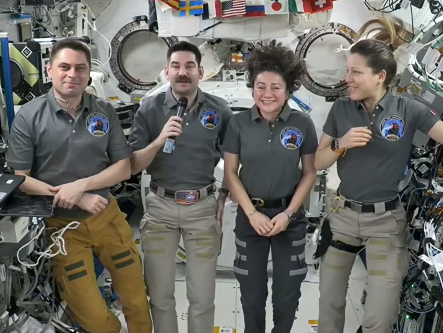 NASA's SpaceX Crew-12 members (from left), Andrey Fedyaev of Roscosmos, Jack Hathaway and Jessica Meir of NASA, and Sophie Adenot of ESA speak to journalists on the ground during a news conference on Wednesday, Sept. 16.