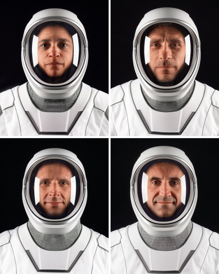 Four astronauts in white space suits in front of a black background in a two-by-two photo collage.