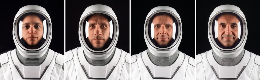 Four astronauts in white spacesuits in front of a black background in a photo collage.