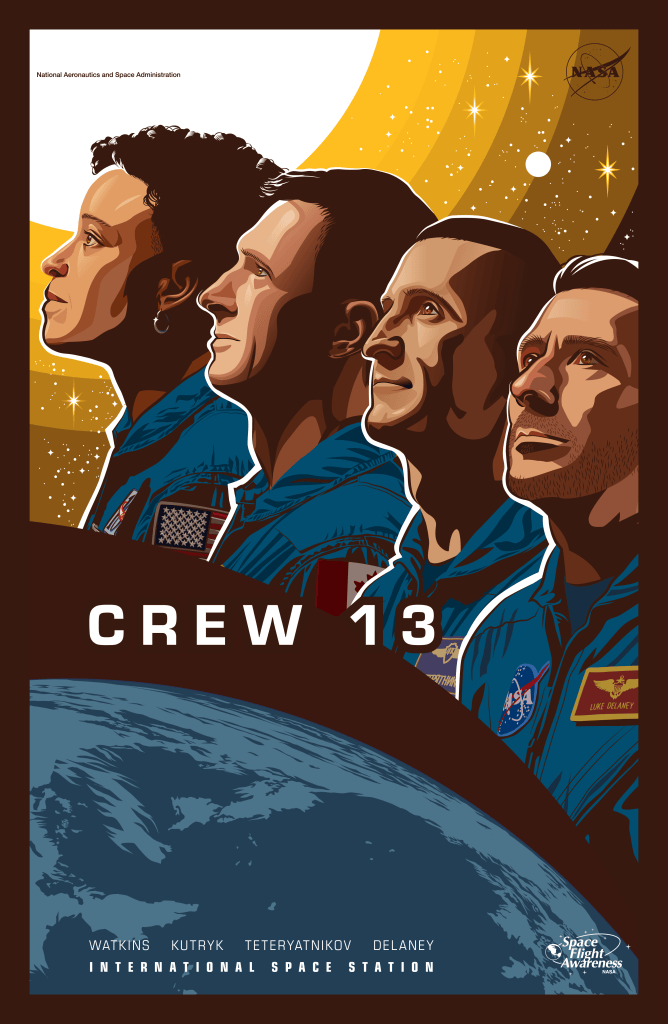 An illustrated poster of NASA's SpaceX Crew-13. From left to right are crew members NASA astronaut Jessica Watkins, CSA (Canadian Space Agency) astronaut Joshua Kutryk, Roscosmos cosmonaut Sergey Teteryatnikov, and NASA astronaut Luke Delaney. The crew members look up toward a golden Sun with stars shining in the background. Beneath them is Earth with the text "Crew 13" above.