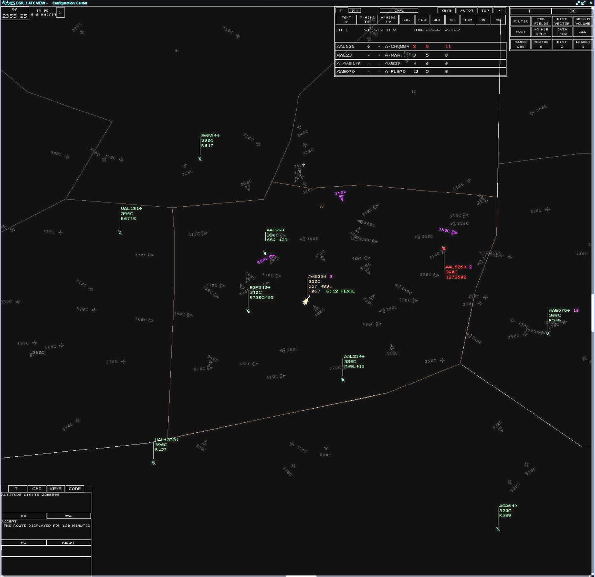Image of Controller display with equipped (dim limited datablock) and unequipped (colored full datablock) aircraft in mixed separation-assurance airspace