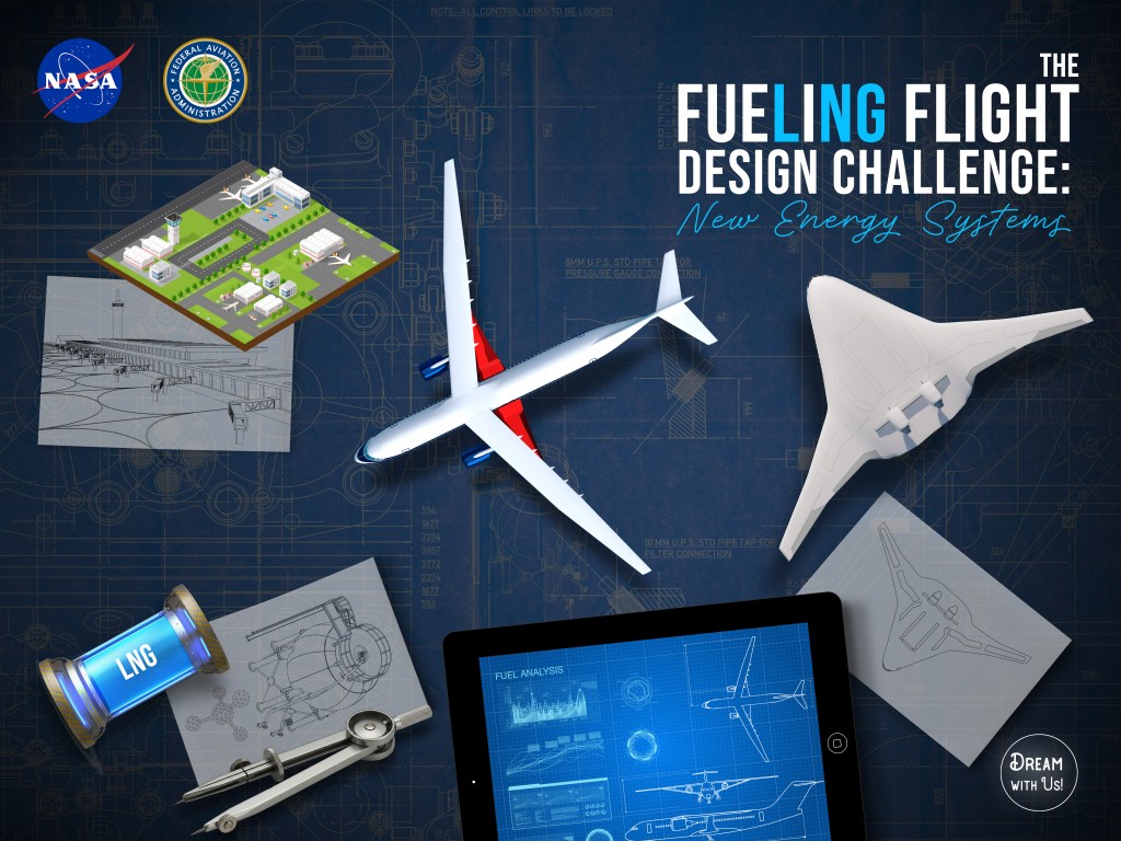 Artist concept illustration showing a blueprint in the background a 3D airport, X-59 and a BWB aircraft on top. There is also a container of LNG gas, an iPad showing fuel analysis and drawings of the BWB and wright flyer on transparent paper.