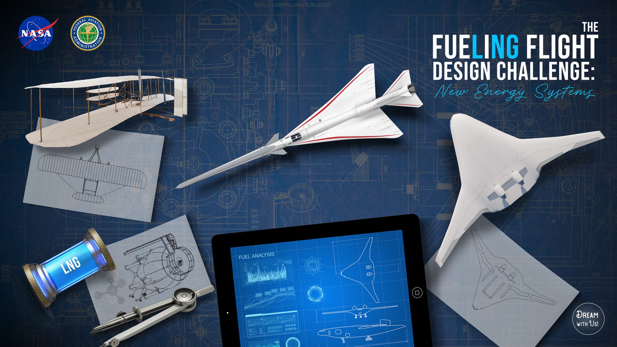 2026-2027 DWU High School Engineering Challenge artist concept illustration showing a blueprint in the background the wright brother flyer, X-59 and a BWB aircraft on top. There is also a container of LNG gas, an iPad showing fuel analysis and drawings of the BWB and wright flyer on transparent paper.