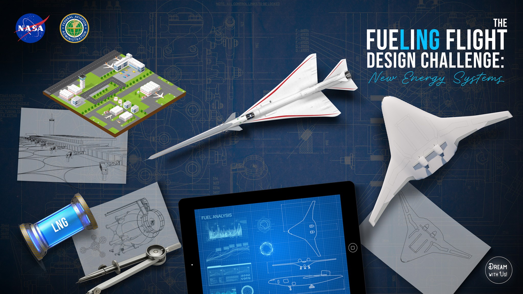 2026-2027 DWU Middle School Design Challenge Artist concept illustration for the Fueling Flight Design Challenge showing a blueprint in the background a 3D airport, X-59 and a BWB aircraft on top. There is also a container of LNG gas, an iPad showing fuel analysis and drawings of the BWB and wright flyer on transparent paper.