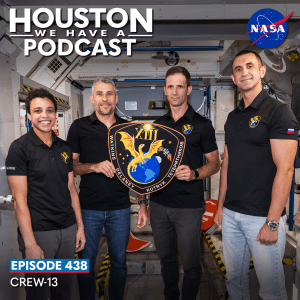 Houston We Have a Podcast Episode 438: Crew-13 NASA astronauts Jessica Watkins and Luke Delaney, Canadian Space Agency Astronaut Josh Kutryk, and Roscosmos Cosmonaut Sergey Teteryatnikov pose holding their crew patch in a space station training module.