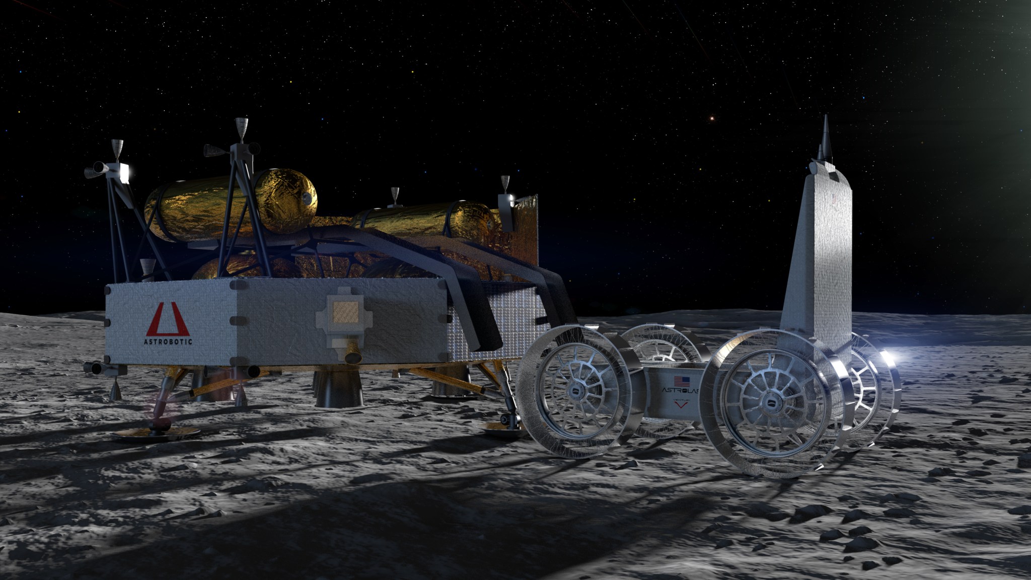 Artist's rendering of Astrobotic's Griffin Mission One lunar lander on the Moon's surface, deploying the FLIP rover, against a starry black sky
