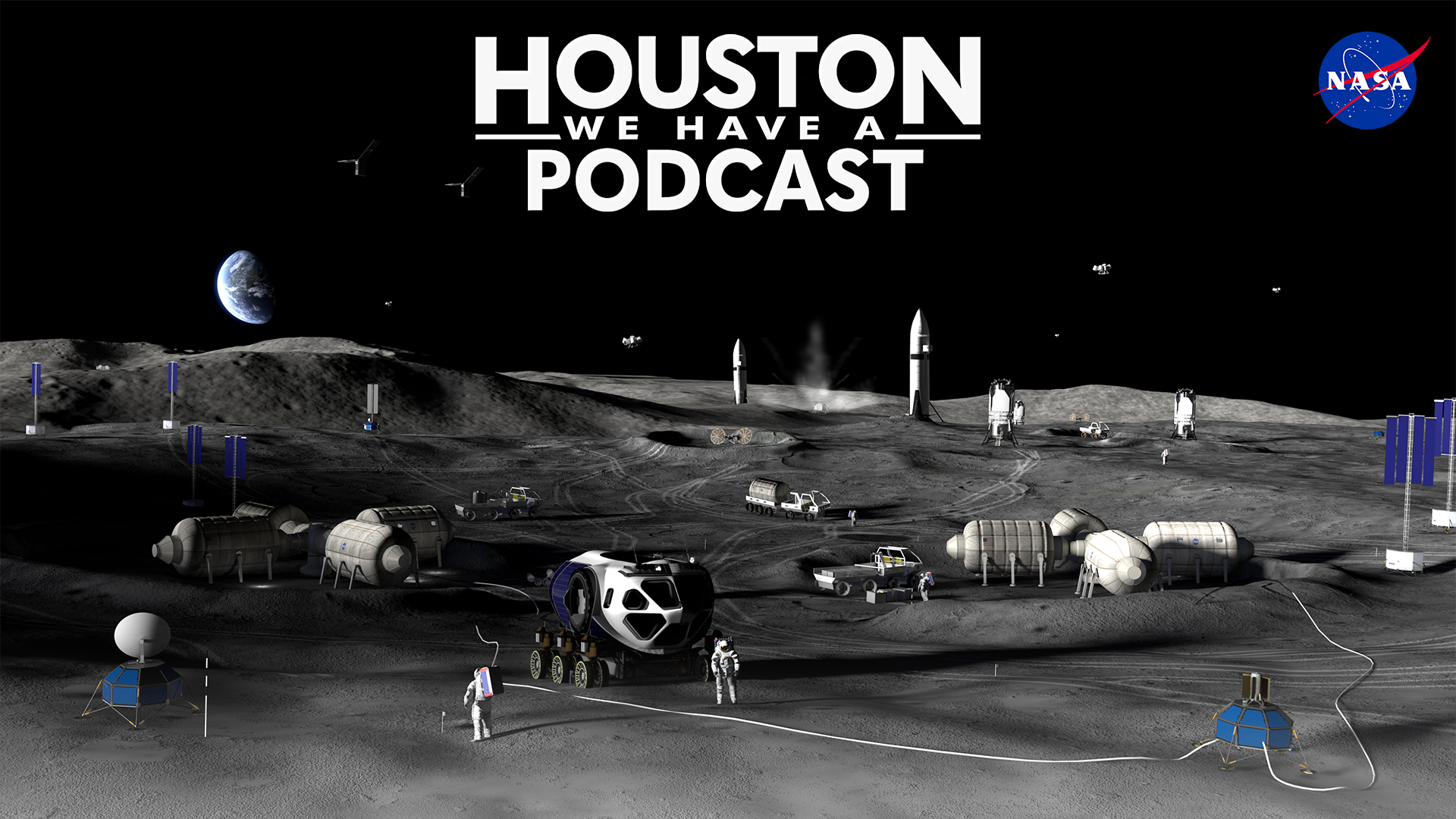 HWHAP Ep. 436 An artist's rendering of astronauts working on the surface of the Moon amidst habitats and rovers.