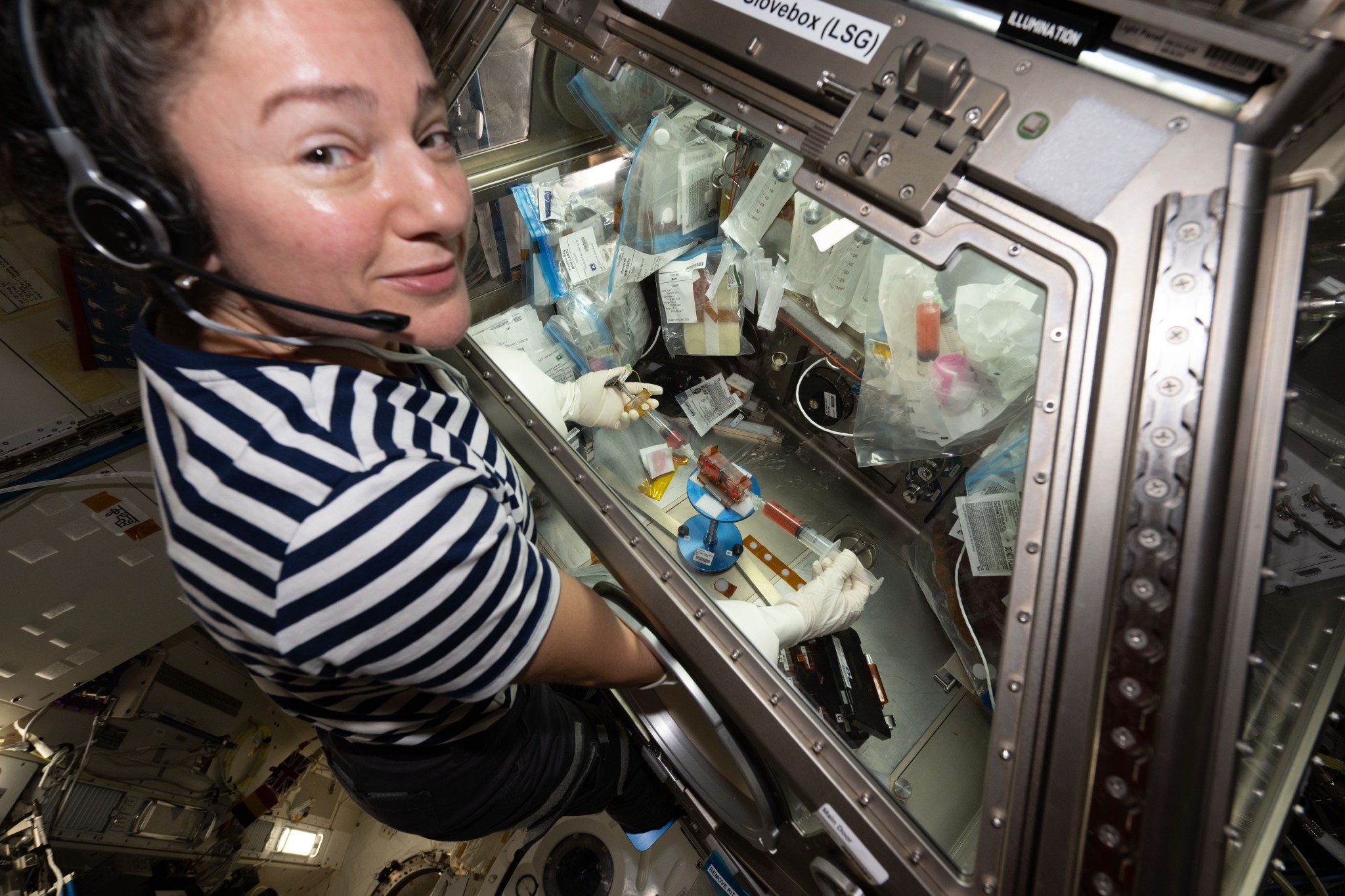 NASA astronaut Jessica Meir works in the Life Sciences Glovebox aboard the International Space Station. She inserts her hands into the glovebox’s built-in white gloves to handle research materials inside the enclosed metallic workspace, where clear plastic bags, small containers, and other experiment materials surround her hands.