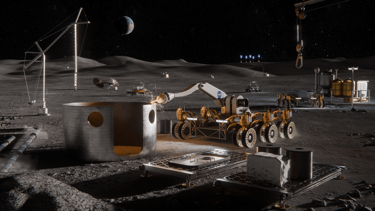 Artist concept of a moon base with various technologies.