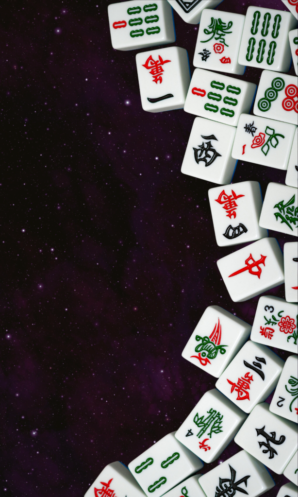 Mahjong titles on a purple galaxy background.