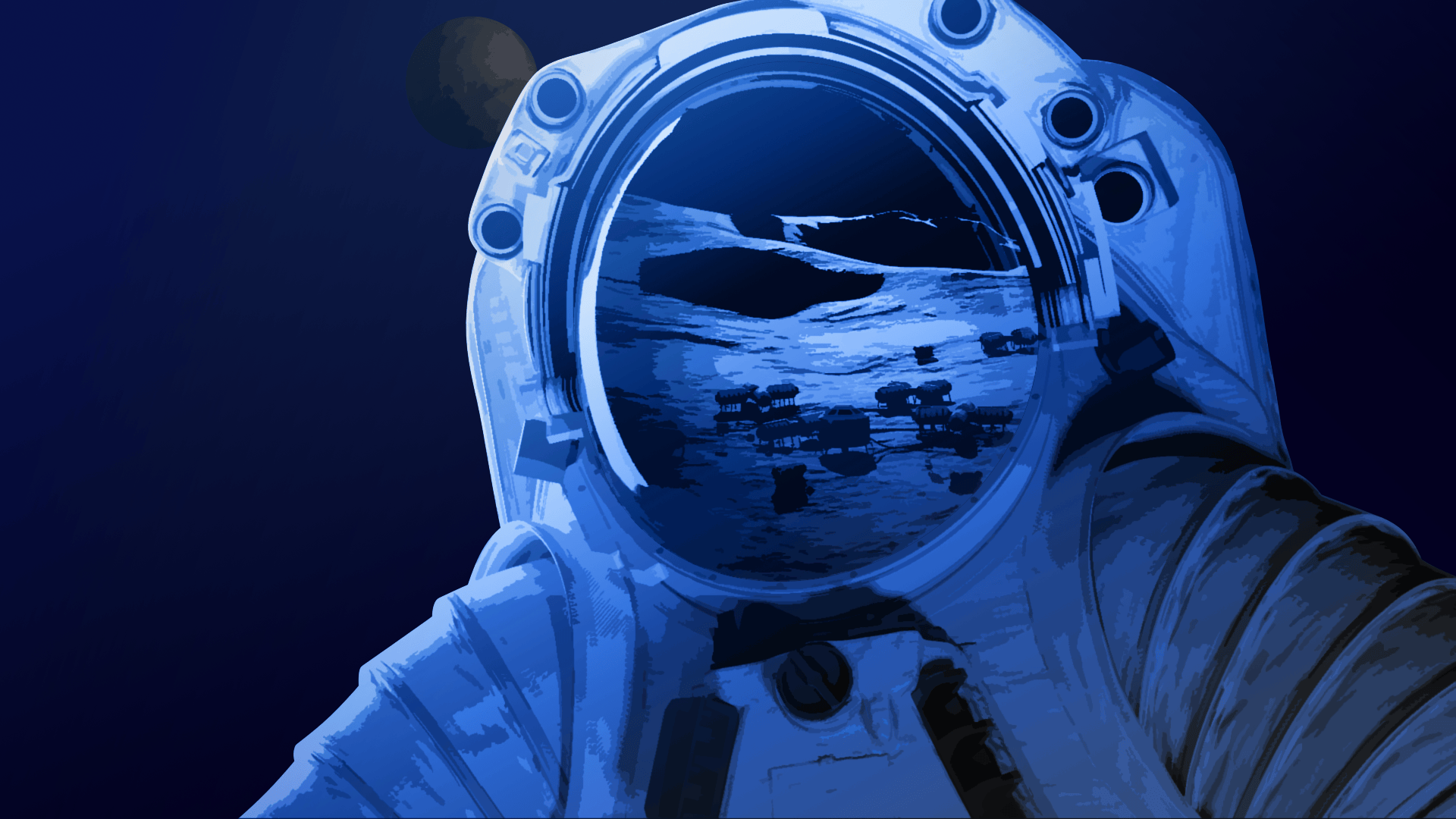 NASA Moon Base poster featuring a stylized illustration in shades of blue. A large astronaut helmet fills the frame, its visor revealing a futuristic lunar outpost surrounded by rugged, cratered terrain and distant mountains. Small habitats and other structures are scattered across the lunar surface.