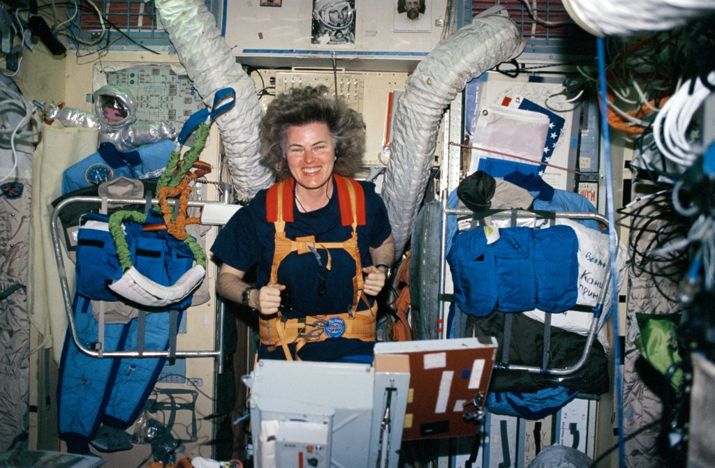 Aboard the Base Block Module on Russia’s Mir Space Station, astronaut and guest researcher Shannon W. Lucid works out on a treadmill device.