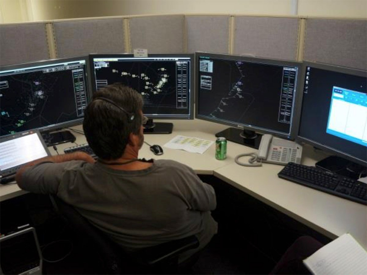 Air traffic controller taking part in a New York Operational Improvement research simulation in the Airspace Operations Laboratory (AOL) at NASA Ames Research Center.