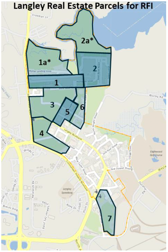 A map showing parcels of land available for out-granting at NASA's Langley Research Center in Hampton, Virginia.