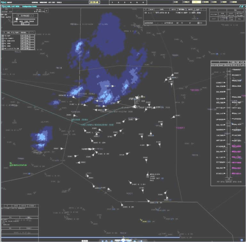 Controller Display at NextGen traffic levels with weather and metering, part of a Functional Allocation research study at the Airspace Operations Laboratory at NAS Ames Research Center.