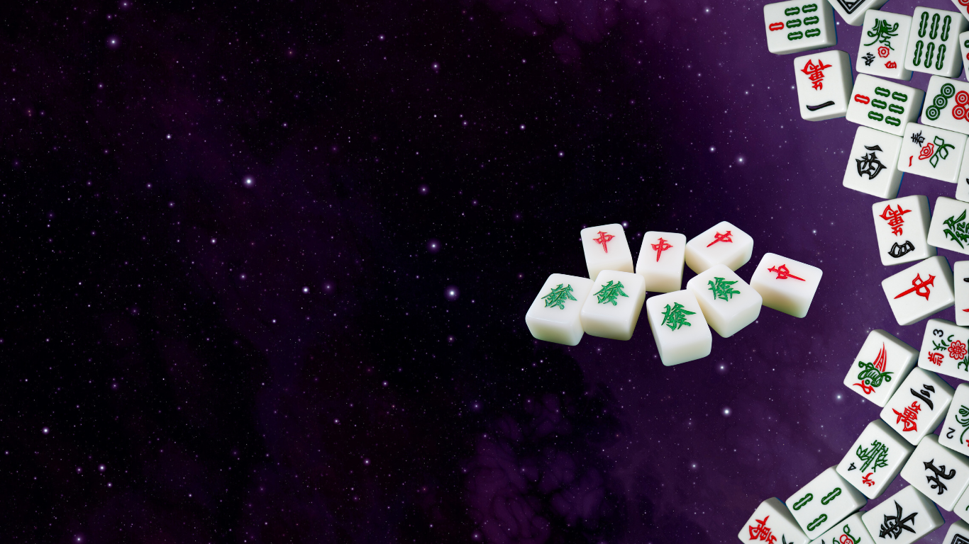 Mahjong game tiles on a purple galaxy background,