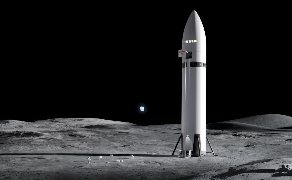 This artist concept depicts SpaceX's Starship lander on the lunar surface.