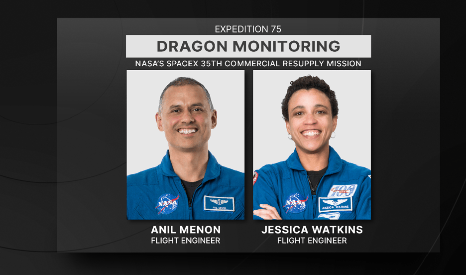 NASA astronauts Anil Menon and Jessica Watkins will monitor the arrival of the SpaceX Dragon cargo spacecraft from the International Space Station.