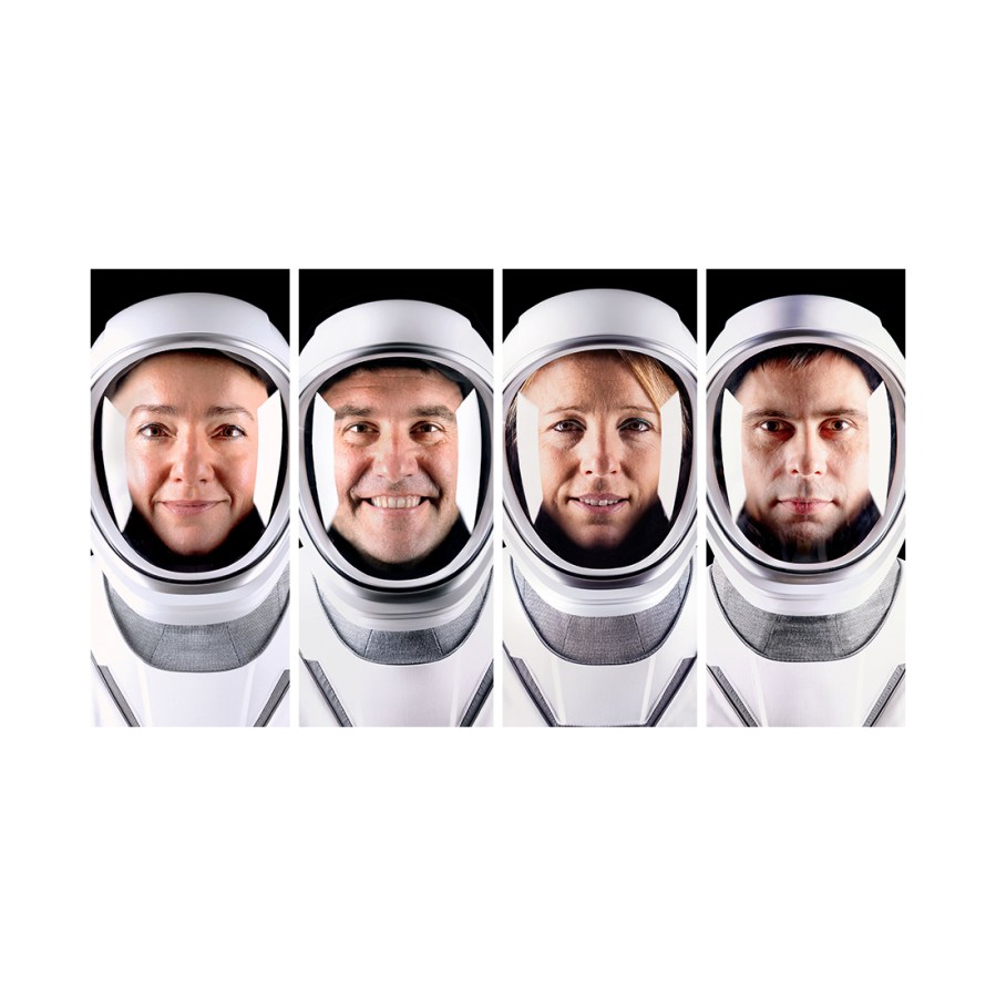 NASA's SpaceX Crew-12 members pose for official portraits in their pressure suits at SpaceX headquarters in Hawthorne, California. From left, NASA astronauts Jessica Meir and Jack Hathaway, ESA (European Space Agency) astronaut Sophie Adenot, and Roscosmos cosmonaut Andrey Fedyaev.