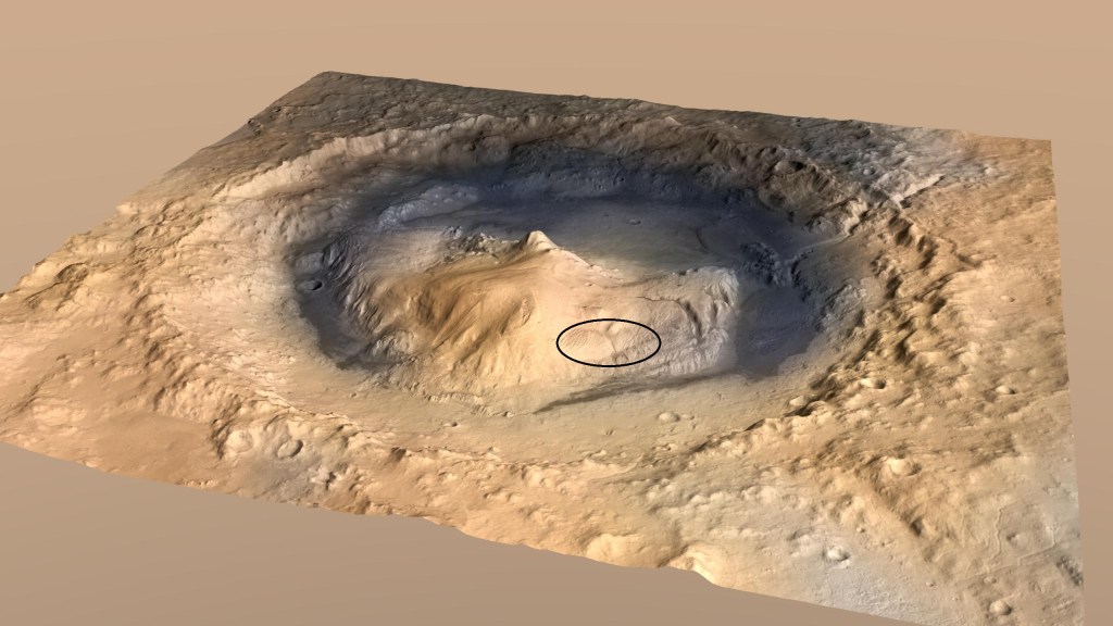 A 3D topographical map shows a large Martian crater with a prominent central mountain peak, encircled by a black oval highlighting a specific region near the base of the mound.