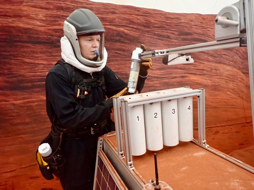 James Spicer, Crew Health and Performance Exploration Analog (CHAPEA) Mission 2 flight engineer, participates in an extravehicular geological activity.