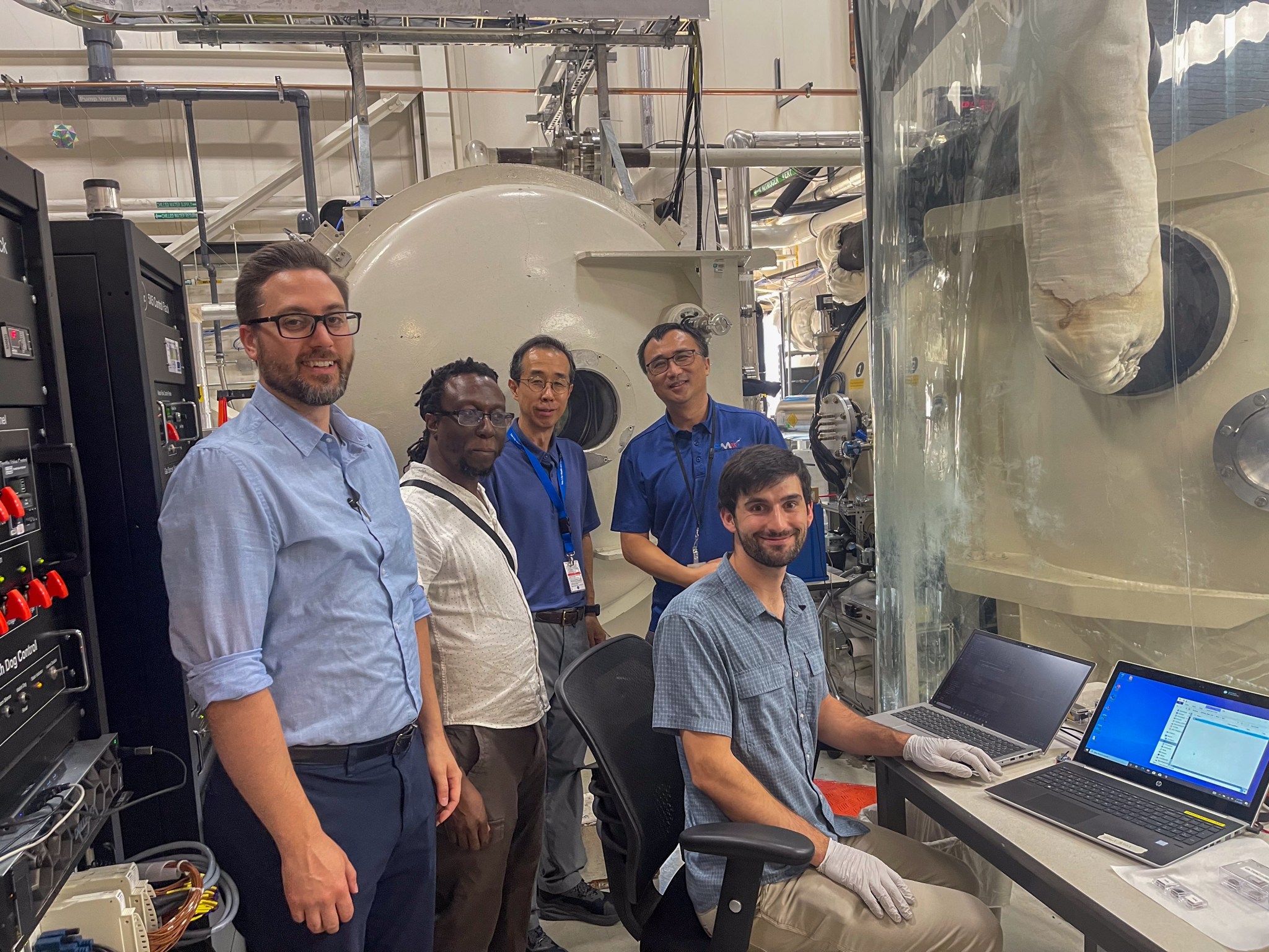 From left to right: Donald Dornbusch (NASA Glenn), Godfrey Sauti, Sang-Hyon Chu, Yi Lin (NASA Langley), and Malachi Mooney-Rivkin (NASA Ames), during a round of TVAC testing at NASA Langley.