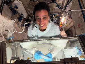 NASA astronaut Jessica Watkins looks up at the camera while doing a science experiment. Her arms and hands are inside a rectangular glovebox that we can see inside. Her arms are covered with the white gloves that are attached to the glovebox and she is wearing blue gloves.