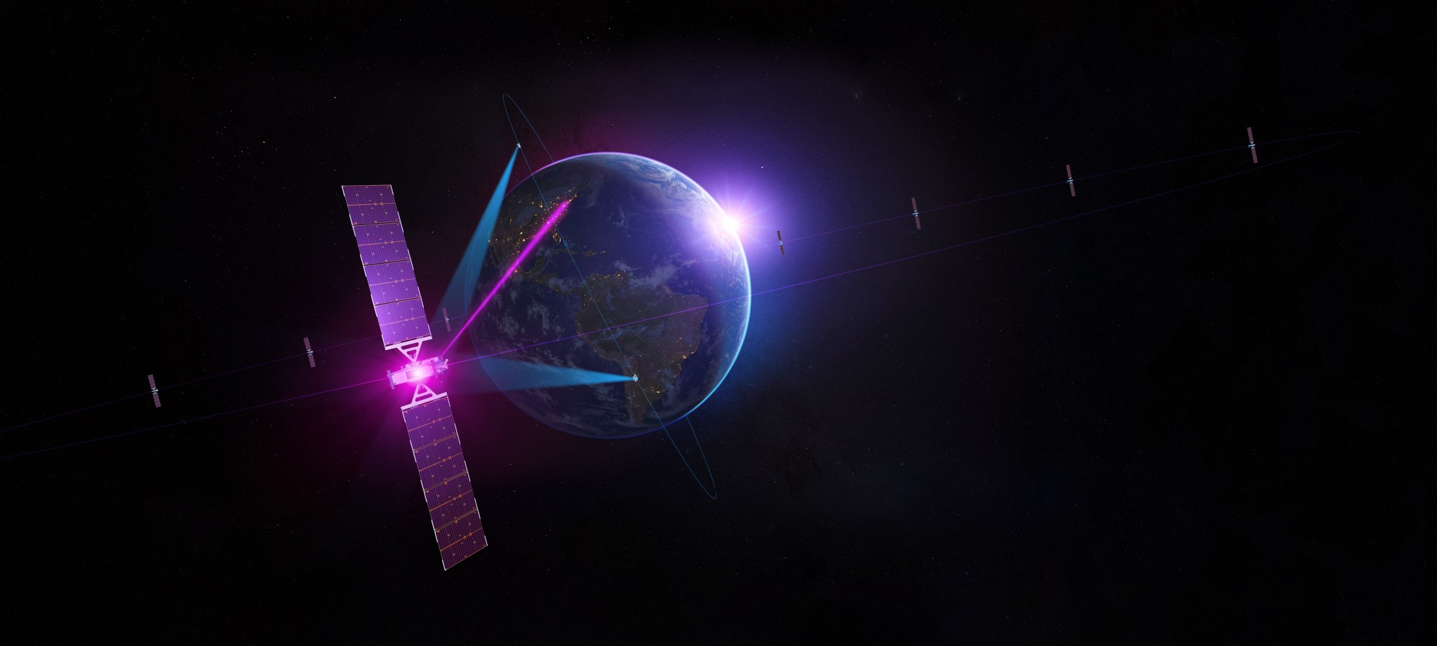 Illustration of Earth viewed from space with sunlight glowing behind the planet. In the foreground, a communications satellite with large solar panels transmits bright blue and purple signal beams toward Earth.