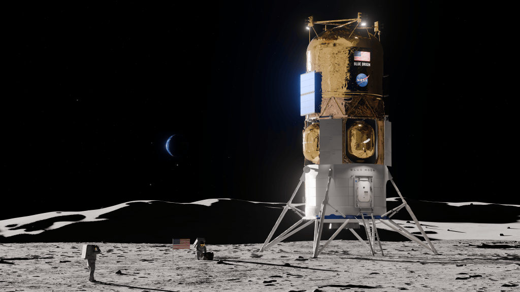 This artist concept depicts Blue Origin's Blue Moon Mark 2 lander on the lunar surface.